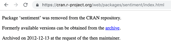 CRAN sentiment package archived