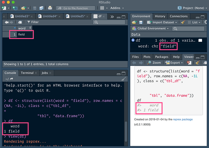 RStudio with field in view environment console and viewer